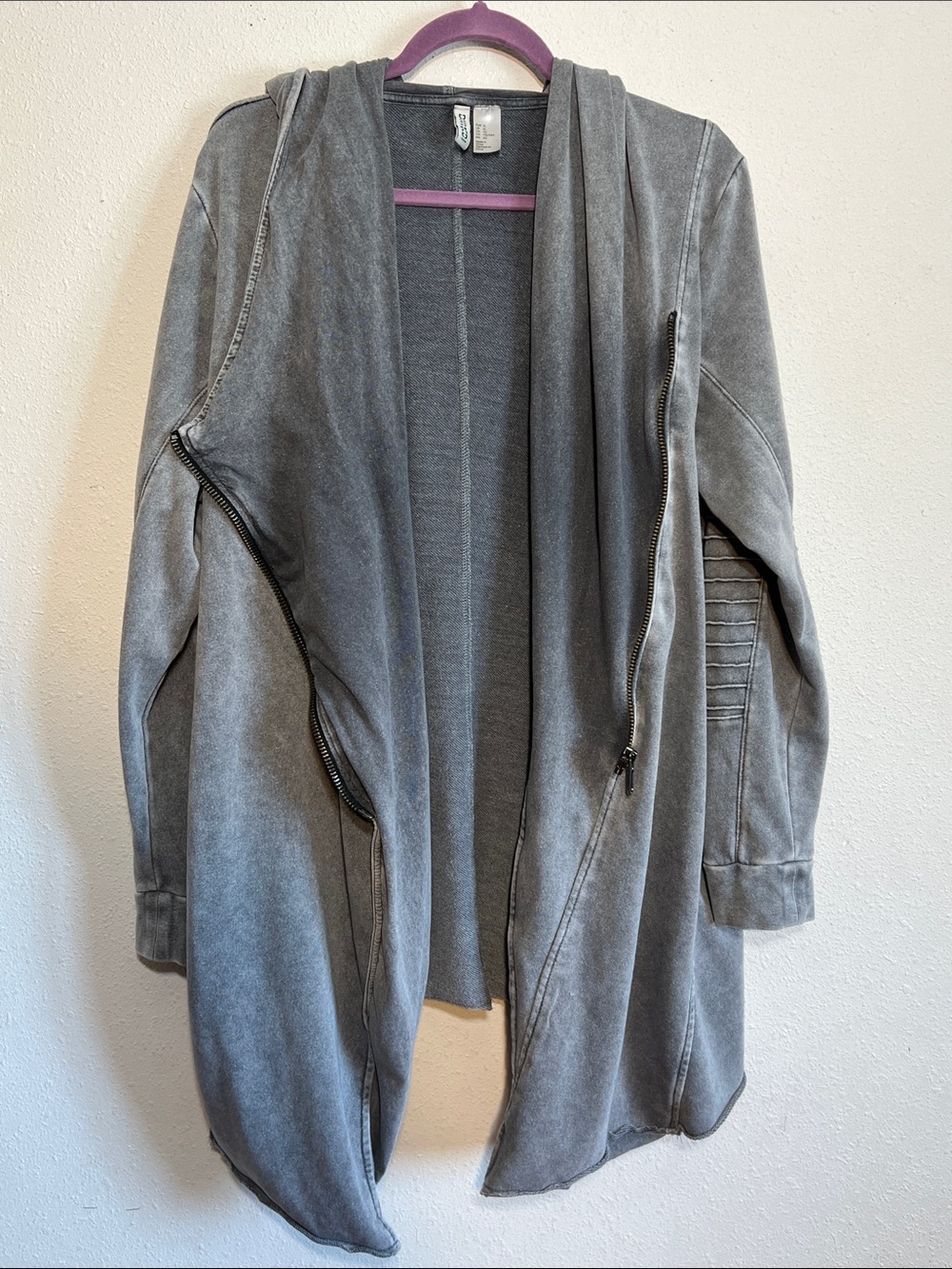 H&M Divided Washed Gray Asymmetrical Zip Up Hooded Jacket Grunge Moto Size XL - Picture 4 of 12
